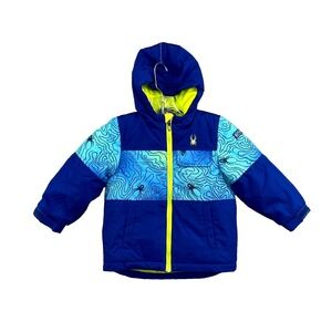 Spyder Ski Jacket Kids 8-10 Blue Topo Print Hooded Snowboard Gorpcore Outdoor